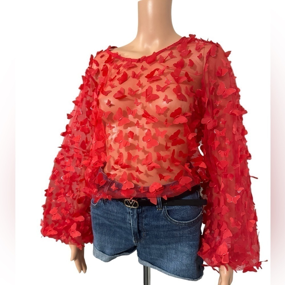 Muy Muy Juicy Red Ballon Arm Transparent Butterfly Blouse